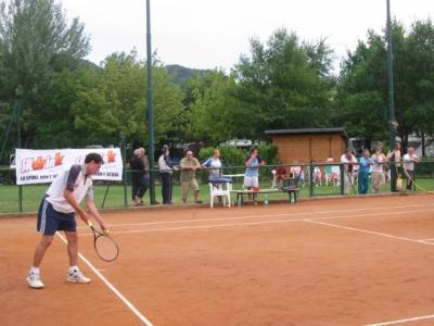 Giocatore di tennis in campo con pubblico sullo sfondo.